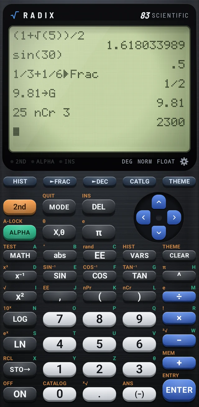 Radix 83 in the Slate theme, showing a list of calculations and their results on the dot-matrix display