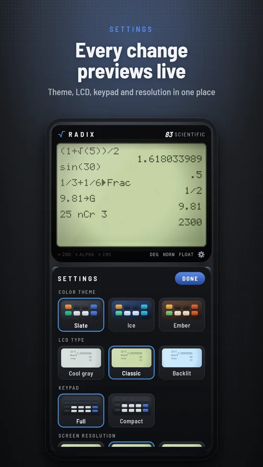 The settings page with theme, LCD type, keypad and resolution options