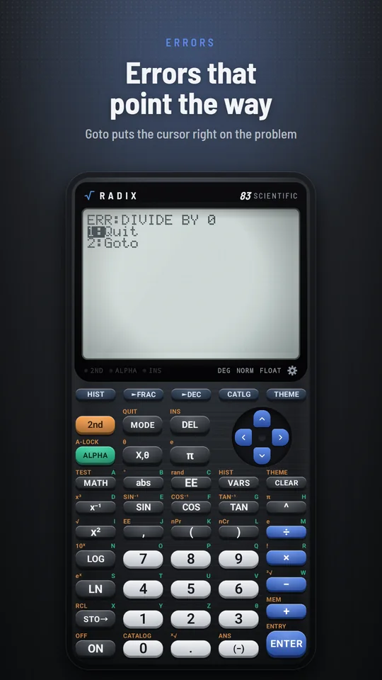 An ERR:DIVIDE BY 0 message with Quit and Goto options
